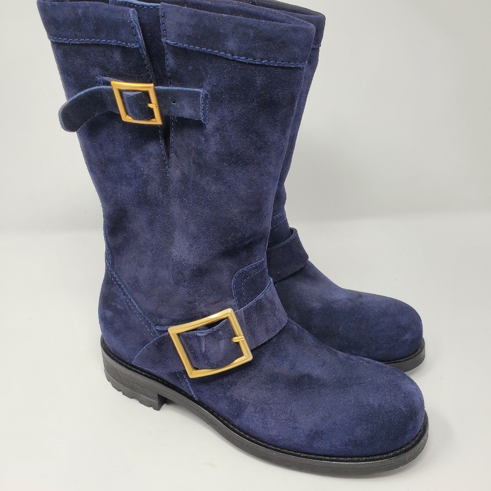 Jimmy Choo Navy Suede Moto Boots - Picture 3 of 9